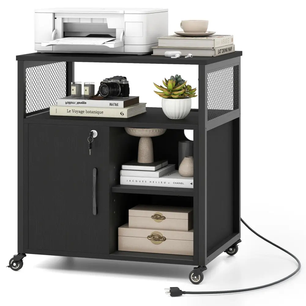 File Cabinet on Wheels with Charging Station and Cable Management Hole-Black - Black - File Cabinets
