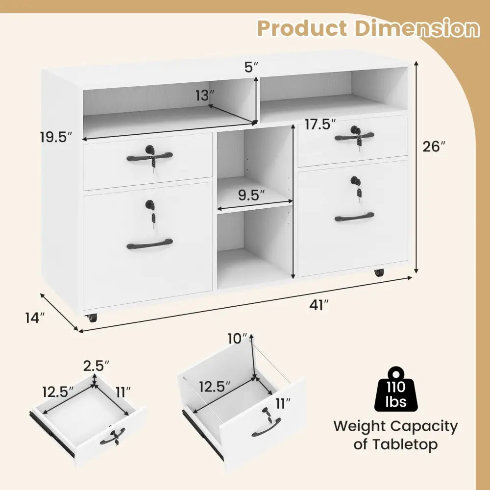 File Cabinet with Lock Mobile Lateral Filing Storage Organizer Modern Rolling Printer Stand-White - White - File