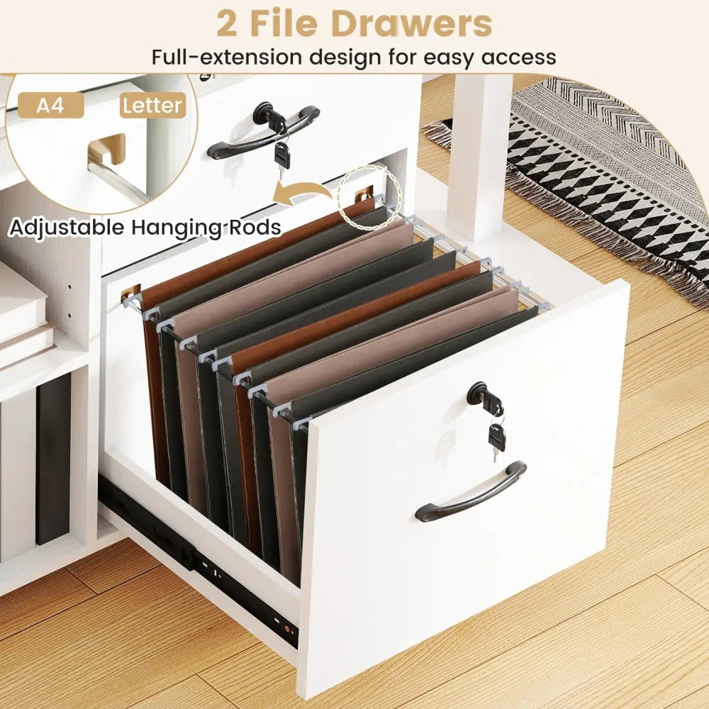 File Cabinet with Lock Mobile Lateral Filing Storage Organizer Modern Rolling Printer Stand-White - White - File