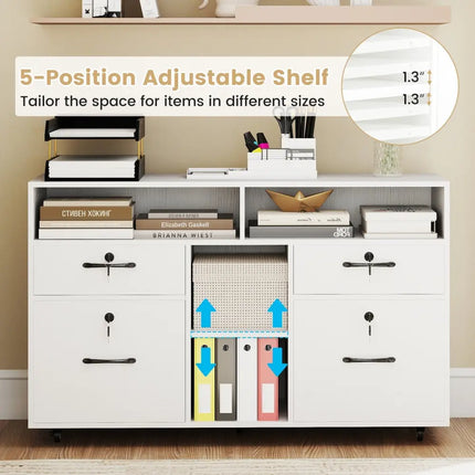 File Cabinet with Lock Mobile Lateral Filing Storage Organizer Modern Rolling Printer Stand-White - White - File