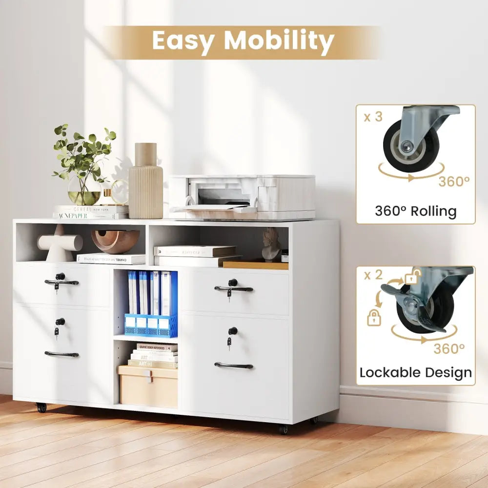 File Cabinet with Lock Mobile Lateral Filing Storage Organizer Modern Rolling Printer Stand-White - White - File