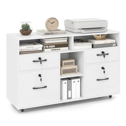 File Cabinet with Lock Mobile Lateral Filing Storage Organizer Modern Rolling Printer Stand-White - White - File