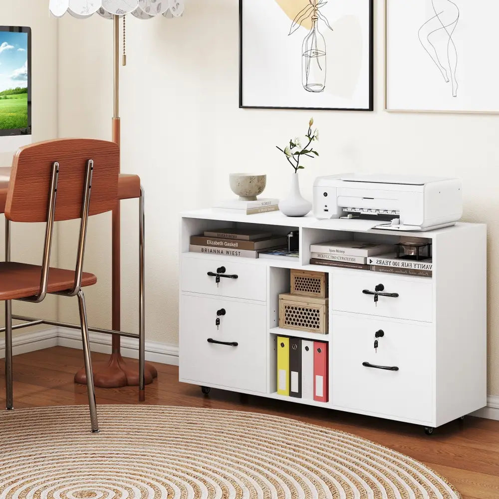 File Cabinet with Lock Mobile Lateral Filing Storage Organizer Modern Rolling Printer Stand-White - White - File