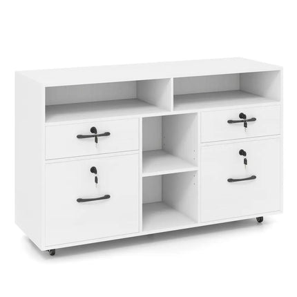 File Cabinet with Lock Mobile Lateral Filing Storage Organizer Modern Rolling Printer Stand-White - White - File