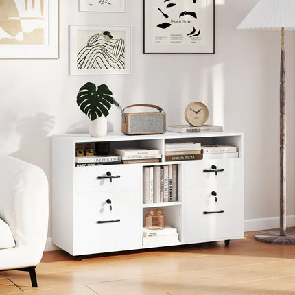 File Cabinet with Lock Mobile Lateral Filing Storage Organizer Modern Rolling Printer Stand-White - White - File