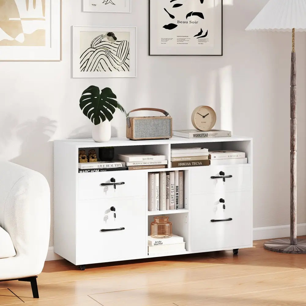 File Cabinet with Lock Mobile Lateral Filing Storage Organizer Modern Rolling Printer Stand-White - White - File