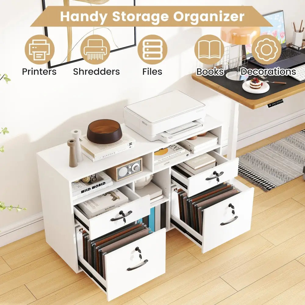 File Cabinet with Lock Mobile Lateral Filing Storage Organizer Modern Rolling Printer Stand-White - White - File