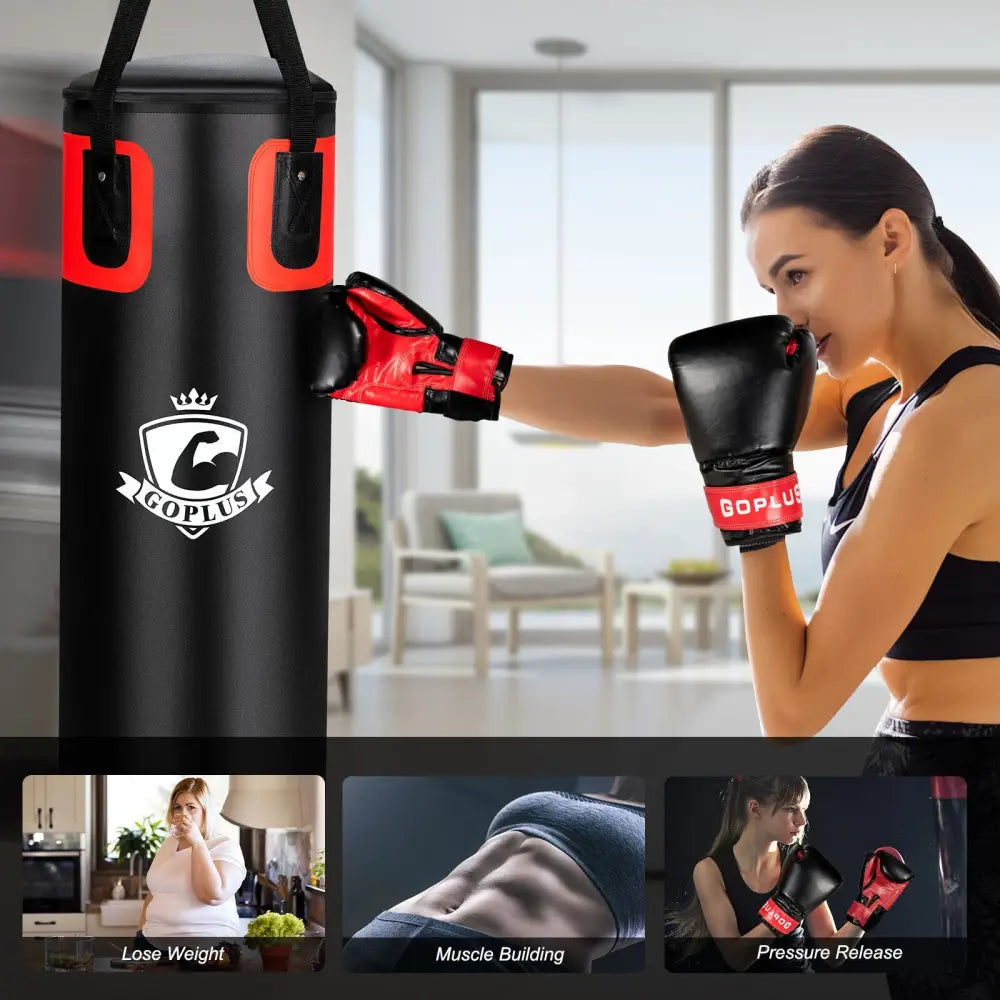 Filled Punching Bag Set for Adults- 56 lbs - Black - Boxing & Martial Arts
