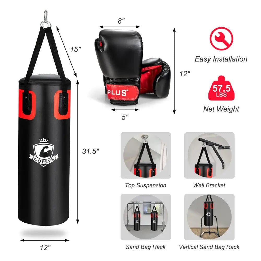 Filled Punching Bag Set for Adults- 56 lbs - Black - Boxing & Martial Arts