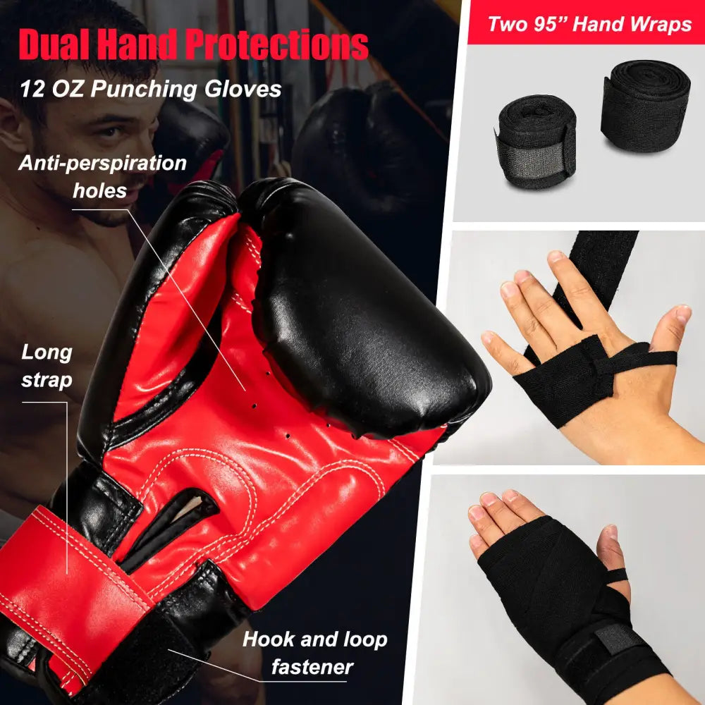 Filled Punching Bag Set with Boxing Gloves- 63 lbs - Black - Boxing & Martial Arts