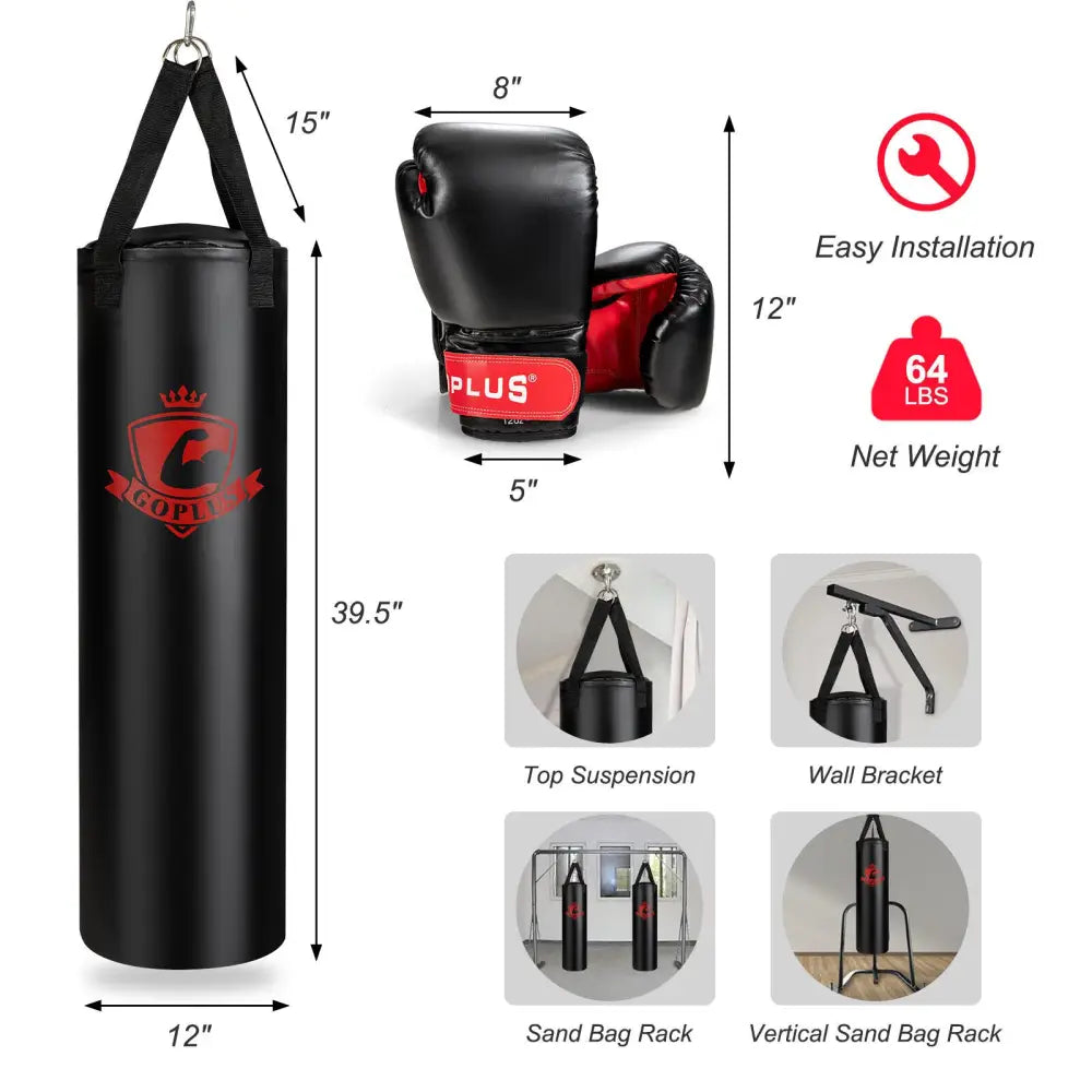Filled Punching Bag Set with Boxing Gloves- 63 lbs - Black - Boxing & Martial Arts