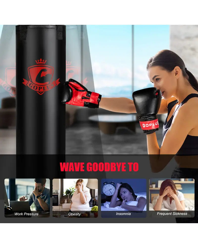 Filled Punching Bag Set with Boxing Gloves- 63 lbs - Black - Boxing & Martial Arts