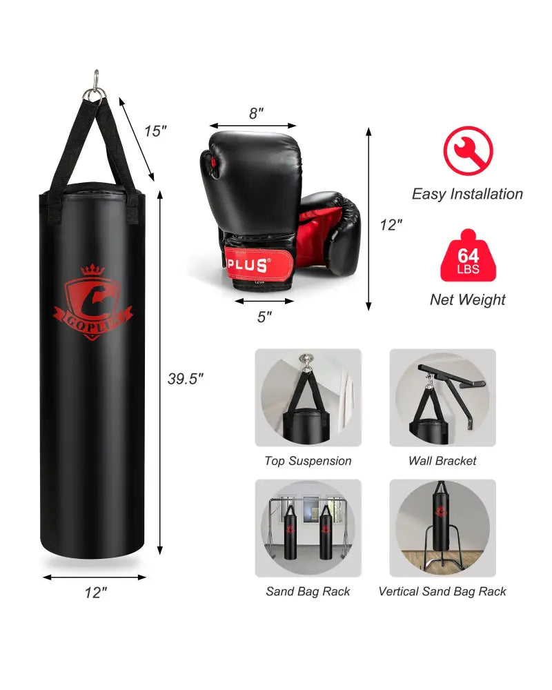 Filled Punching Bag Set with Boxing Gloves- 63 lbs - Black - Boxing & Martial Arts