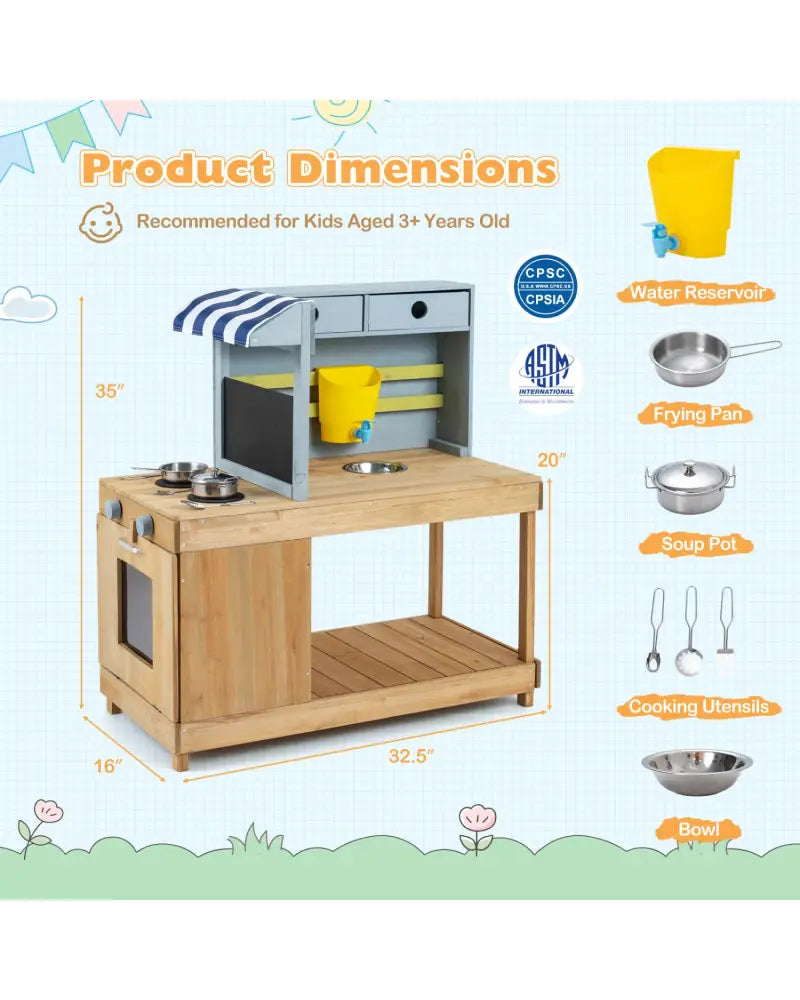 Fir Wood Kids Kitchen Playset with Canopy and Faucet-Natural - Natural - Play Kitchen Sets