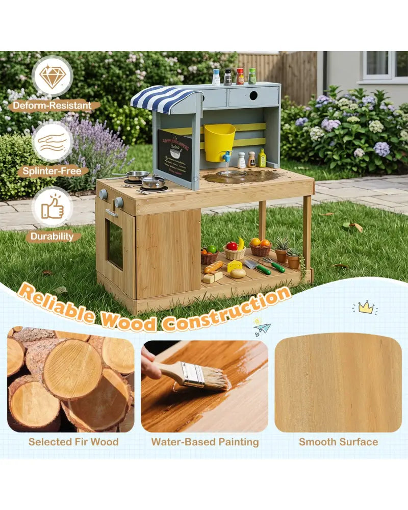 Fir Wood Kids Kitchen Playset with Canopy and Faucet-Natural - Natural - Play Kitchen Sets