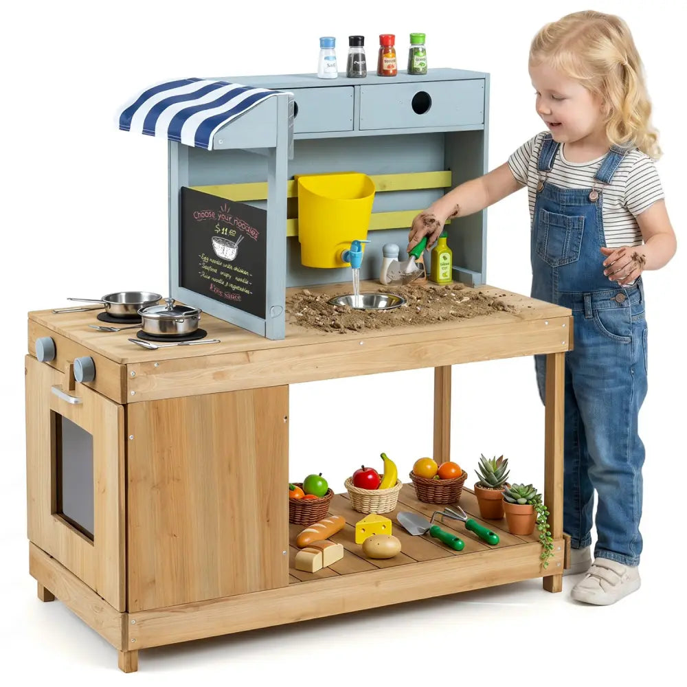 Fir Wood Kids Kitchen Playset with Canopy and Faucet-Natural - Natural - Play Kitchen Sets