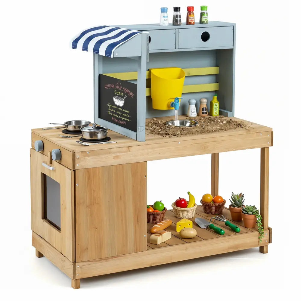 Fir Wood Kids Kitchen Playset with Canopy and Faucet-Natural - Natural - Play Kitchen Sets
