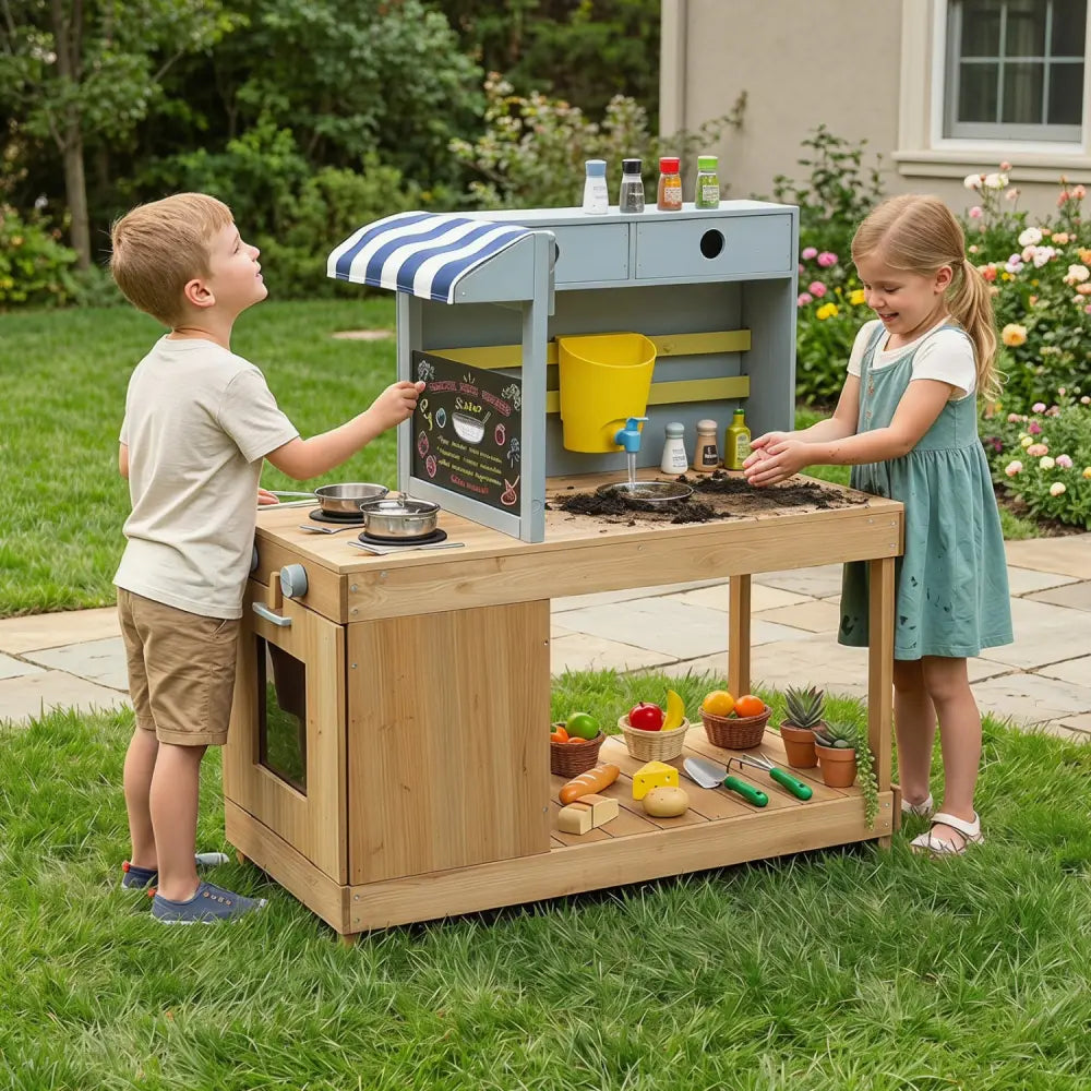 Fir Wood Kids Kitchen Playset with Canopy and Faucet-Natural - Natural - Play Kitchen Sets