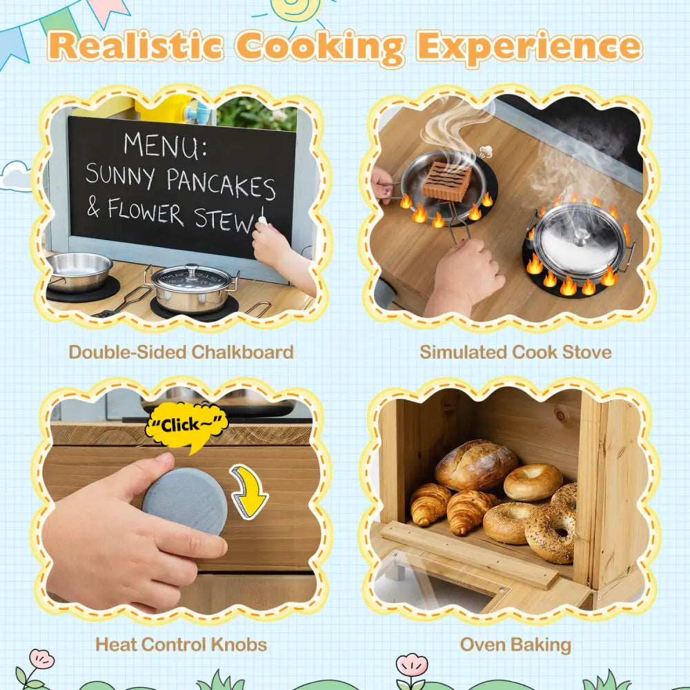 Fir Wood Kids Kitchen Playset with Canopy and Faucet-Natural - Natural - Play Kitchen Sets