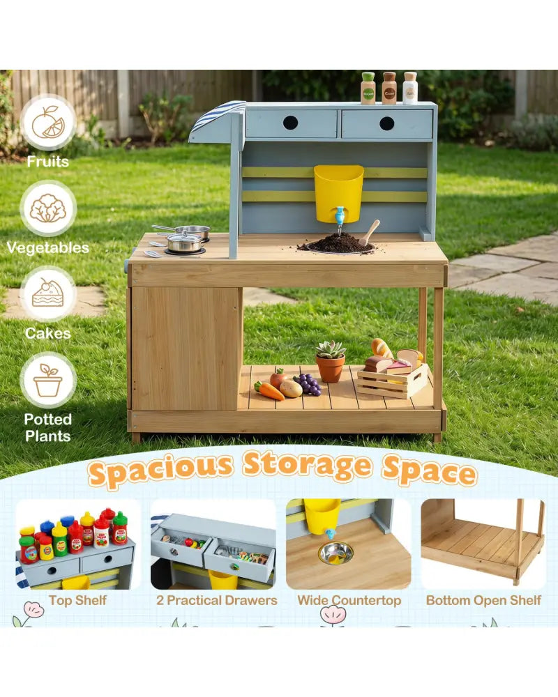 Fir Wood Kids Kitchen Playset with Canopy and Faucet-Natural - Natural - Play Kitchen Sets