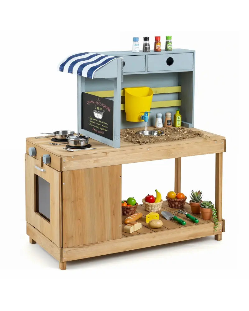 Fir Wood Kids Kitchen Playset with Canopy and Faucet-Natural - Natural - Play Kitchen Sets