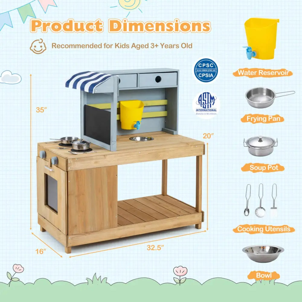 Fir Wood Kids Kitchen Playset with Canopy and Faucet-Natural - Natural - Play Kitchen Sets