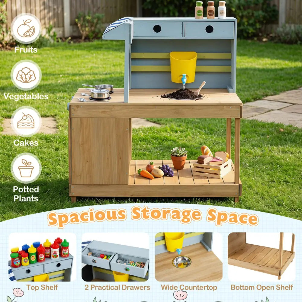 Fir Wood Kids Kitchen Playset with Canopy and Faucet-Natural - Natural - Play Kitchen Sets
