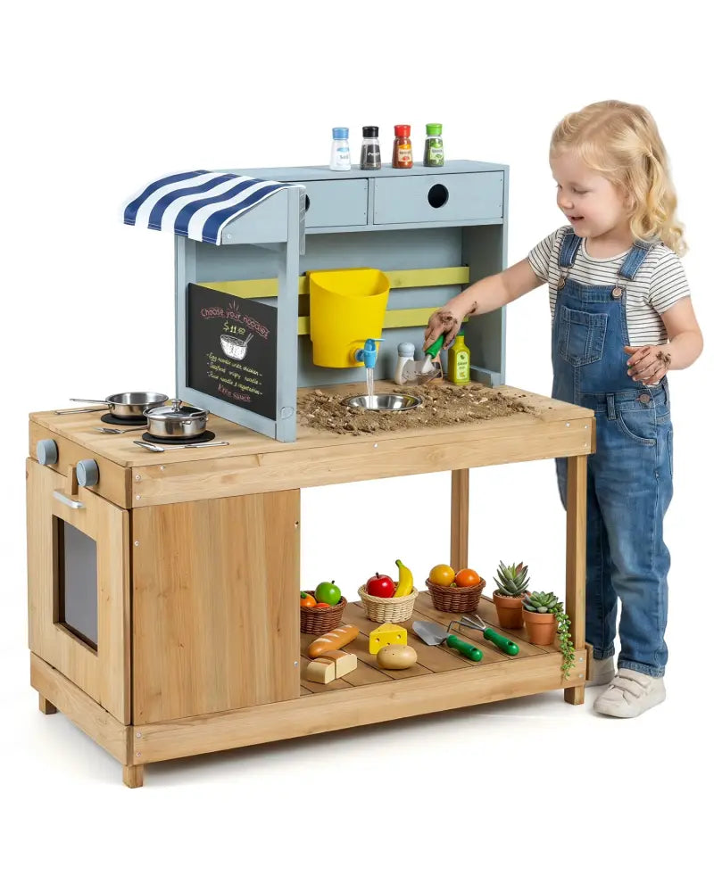 Fir Wood Kids Kitchen Playset with Canopy and Faucet-Natural - Natural - Play Kitchen Sets