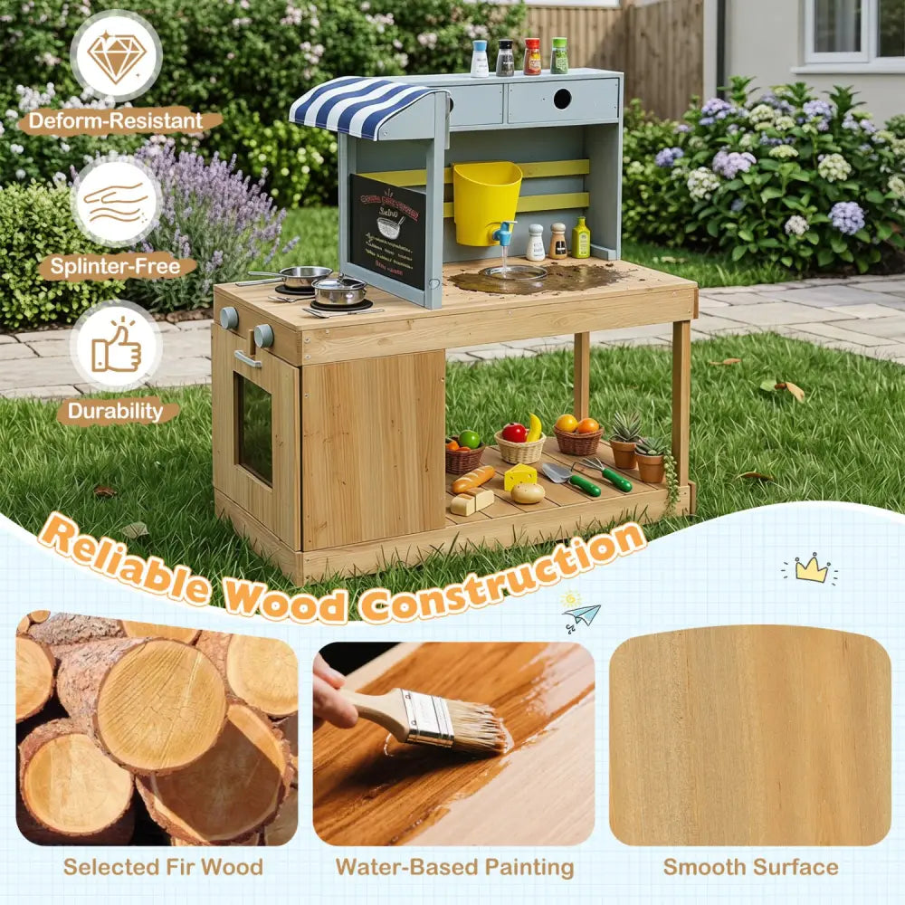Fir Wood Kids Kitchen Playset with Canopy and Faucet-Natural - Natural - Play Kitchen Sets