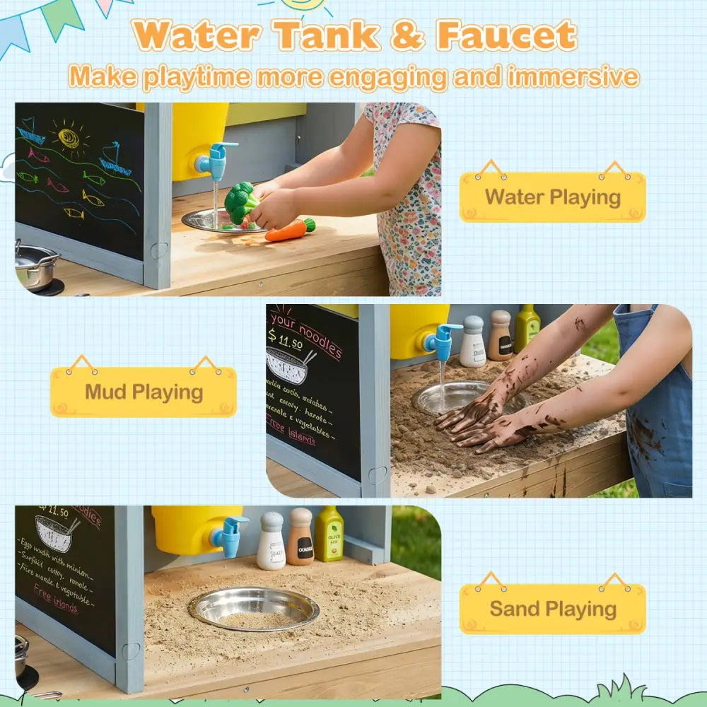 Fir Wood Kids Kitchen Playset with Canopy and Faucet-Natural - Natural - Play Kitchen Sets