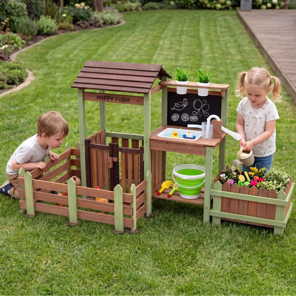 Fir Wood Mud Farm Playset with Planter Box Lockable Yard and Faucet for 3+ Kids - Play Kitchen Sets