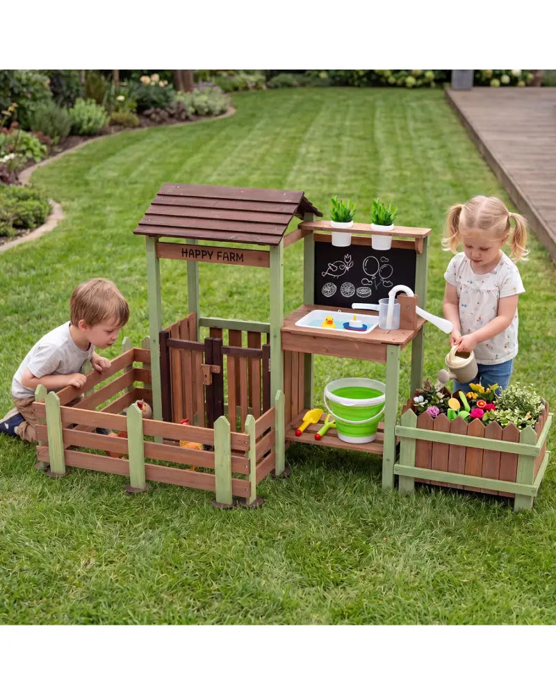 Fir Wood Mud Farm Playset with Planter Box Lockable Yard and Faucet for 3+ Kids - Play Kitchen Sets