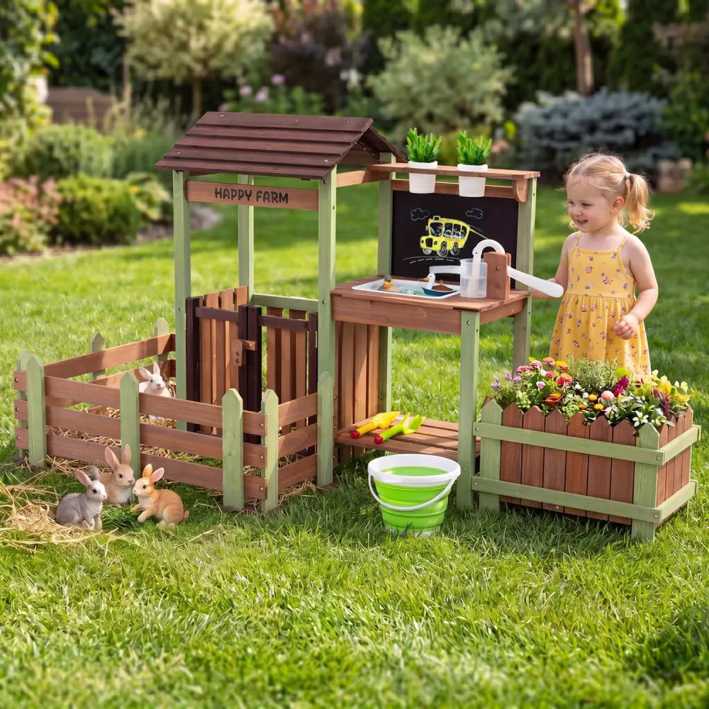 Fir Wood Mud Farm Playset with Planter Box Lockable Yard and Faucet for 3+ Kids - Play Kitchen Sets