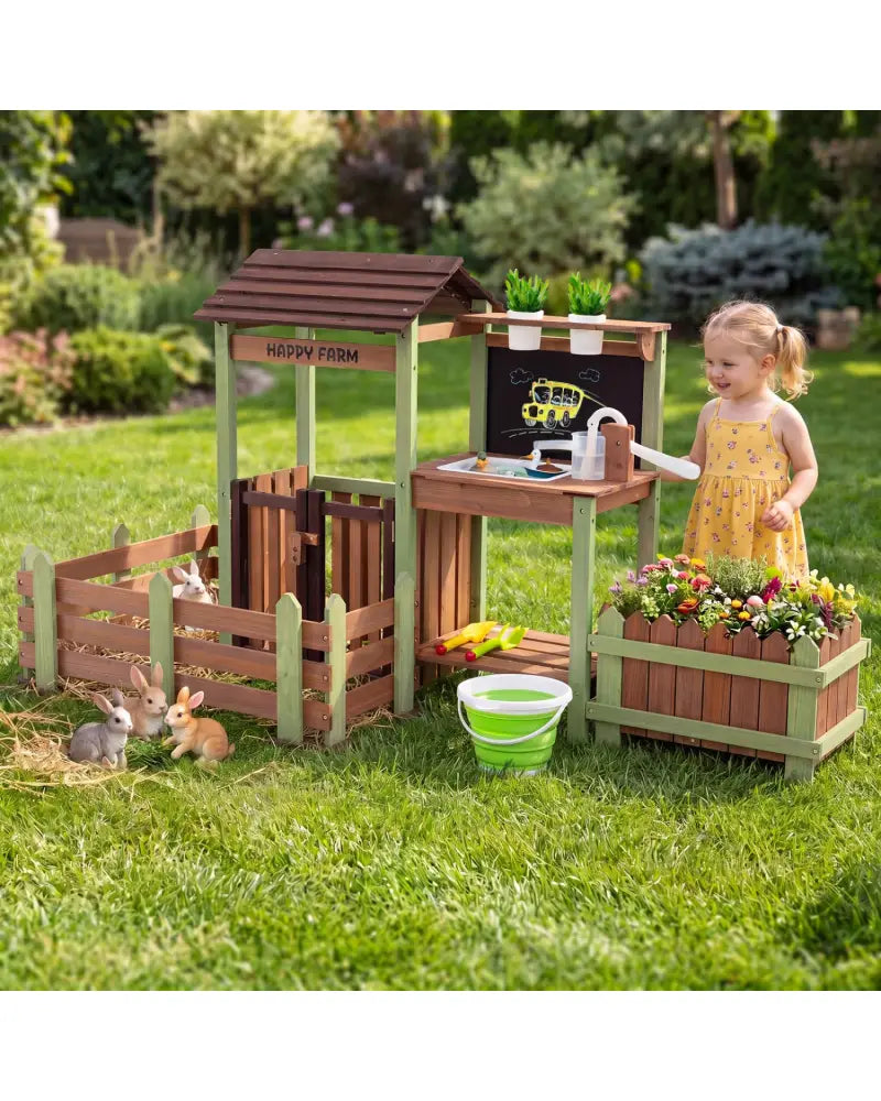 Fir Wood Mud Farm Playset with Planter Box Lockable Yard and Faucet for 3+ Kids - Play Kitchen Sets