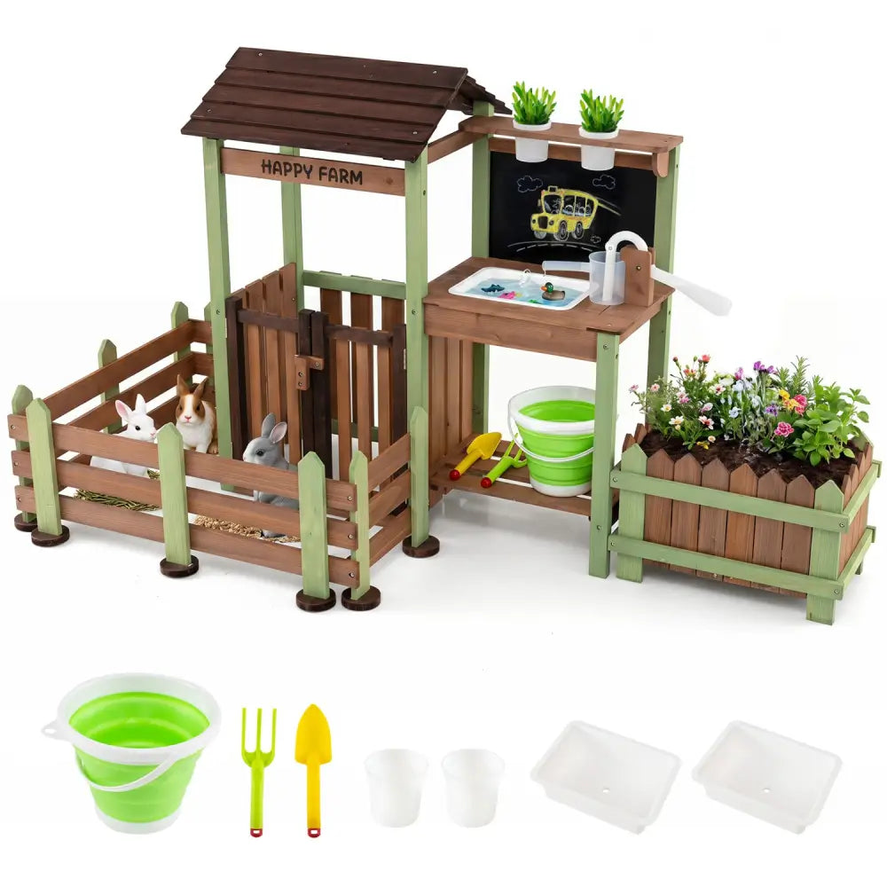 Fir Wood Mud Farm Playset with Planter Box Lockable Yard and Faucet for 3+ Kids - Play Kitchen Sets