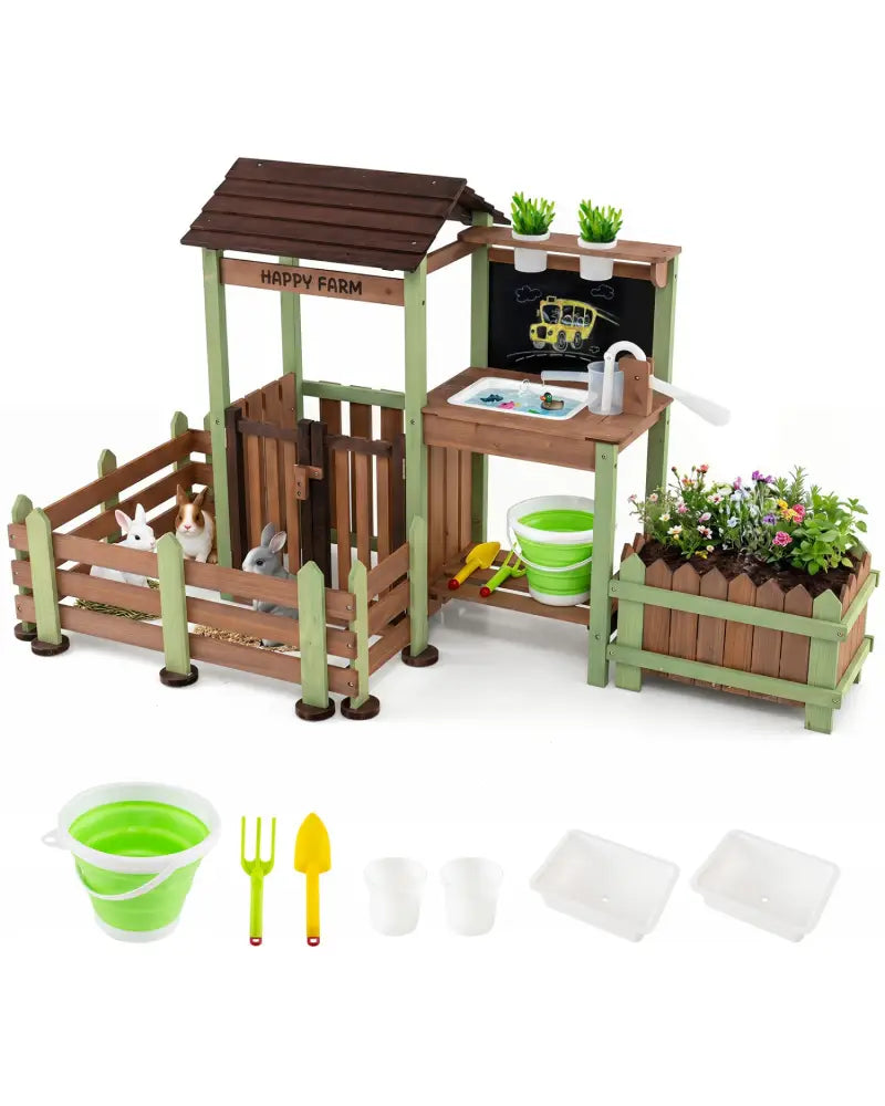 Fir Wood Mud Farm Playset with Planter Box Lockable Yard and Faucet for 3+ Kids - Play Kitchen Sets