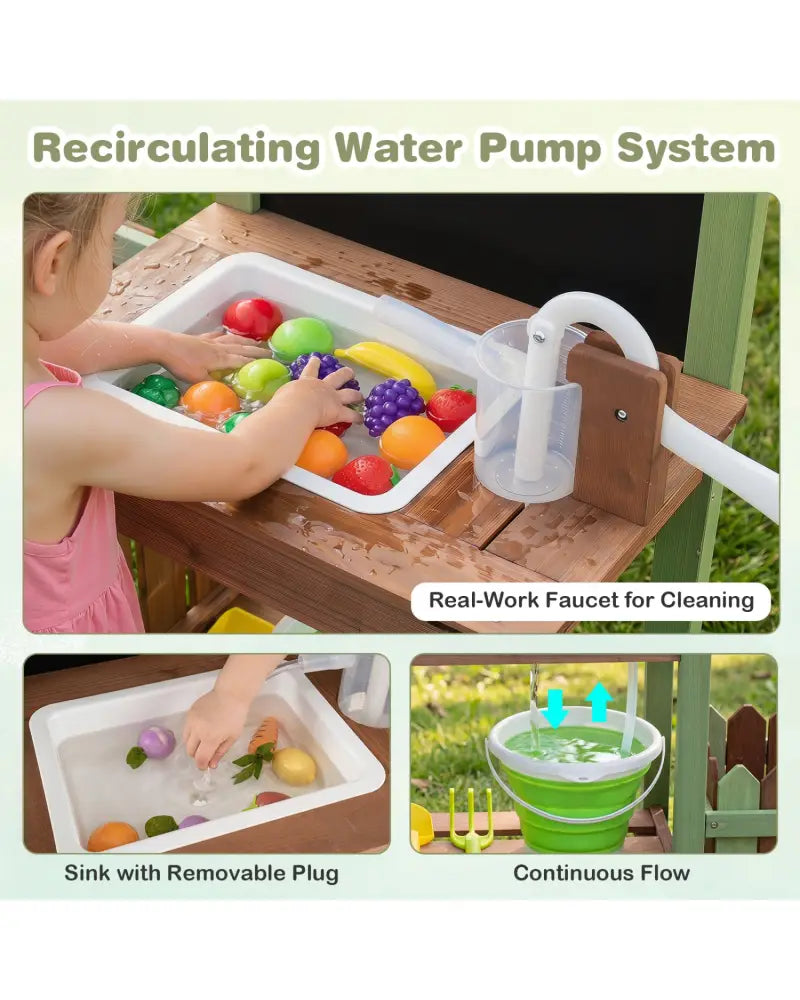 Fir Wood Mud Farm Playset with Planter Box Lockable Yard and Faucet for 3+ Kids - Play Kitchen Sets