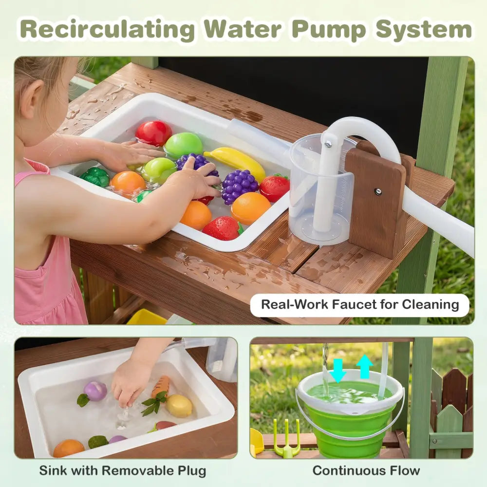 Fir Wood Mud Farm Playset with Planter Box Lockable Yard and Faucet for 3+ Kids - Play Kitchen Sets