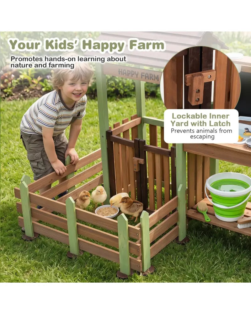 Fir Wood Mud Farm Playset with Planter Box Lockable Yard and Faucet for 3+ Kids - Play Kitchen Sets