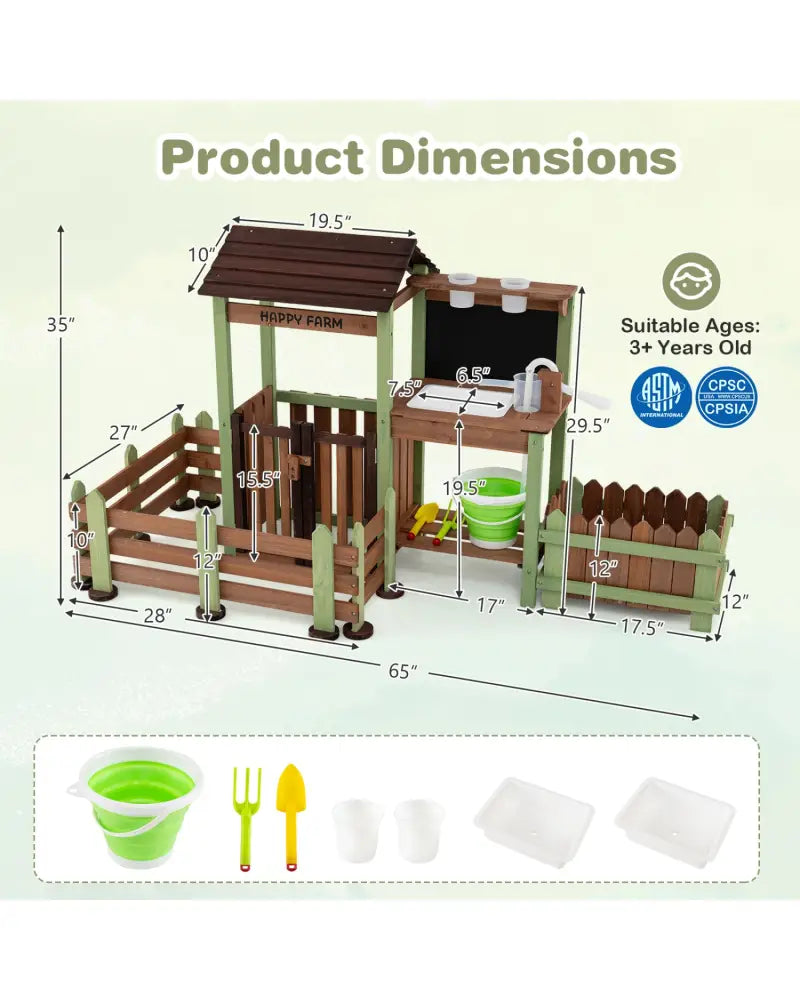 Fir Wood Mud Farm Playset with Planter Box Lockable Yard and Faucet for 3+ Kids - Play Kitchen Sets