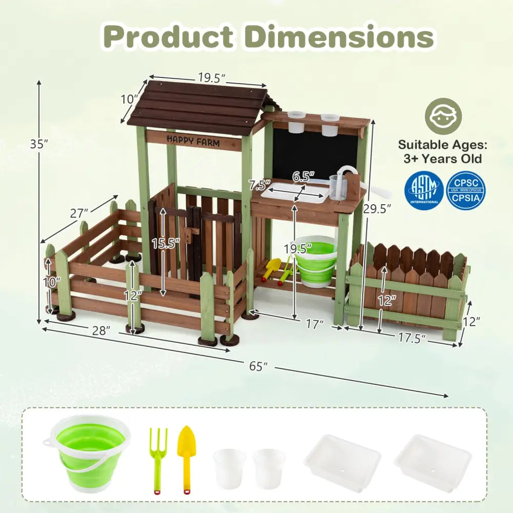 Fir Wood Mud Farm Playset with Planter Box Lockable Yard and Faucet for 3+ Kids - Play Kitchen Sets
