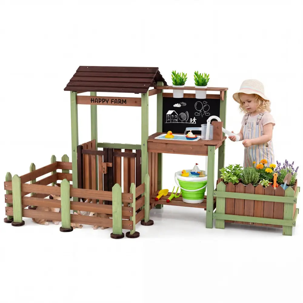 Fir Wood Mud Farm Playset with Planter Box Lockable Yard and Faucet for 3+ Kids - Play Kitchen Sets