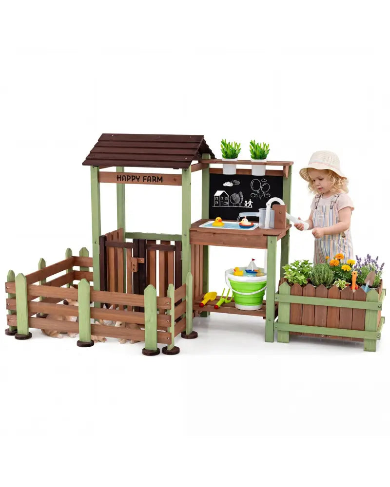Fir Wood Mud Farm Playset with Planter Box Lockable Yard and Faucet for 3+ Kids - Play Kitchen Sets