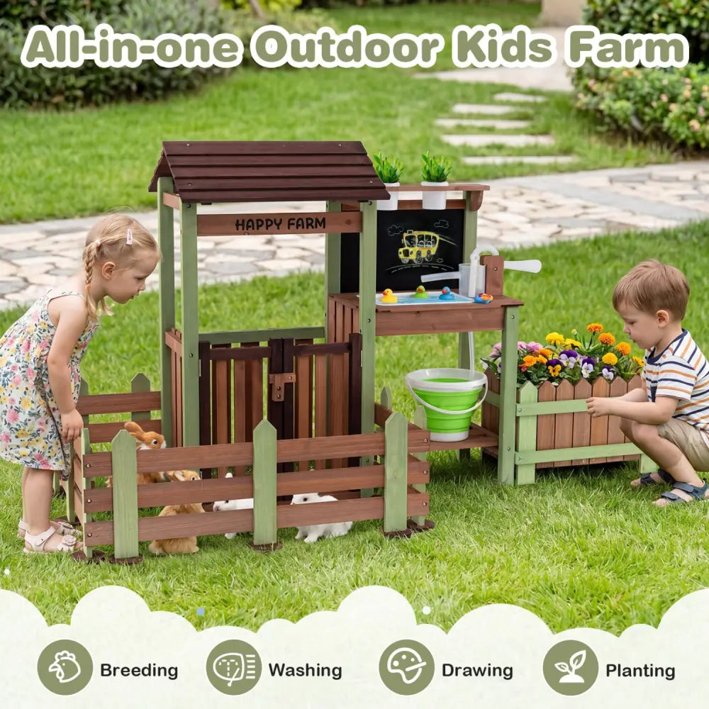 Fir Wood Mud Farm Playset with Planter Box Lockable Yard and Faucet for 3+ Kids - Play Kitchen Sets