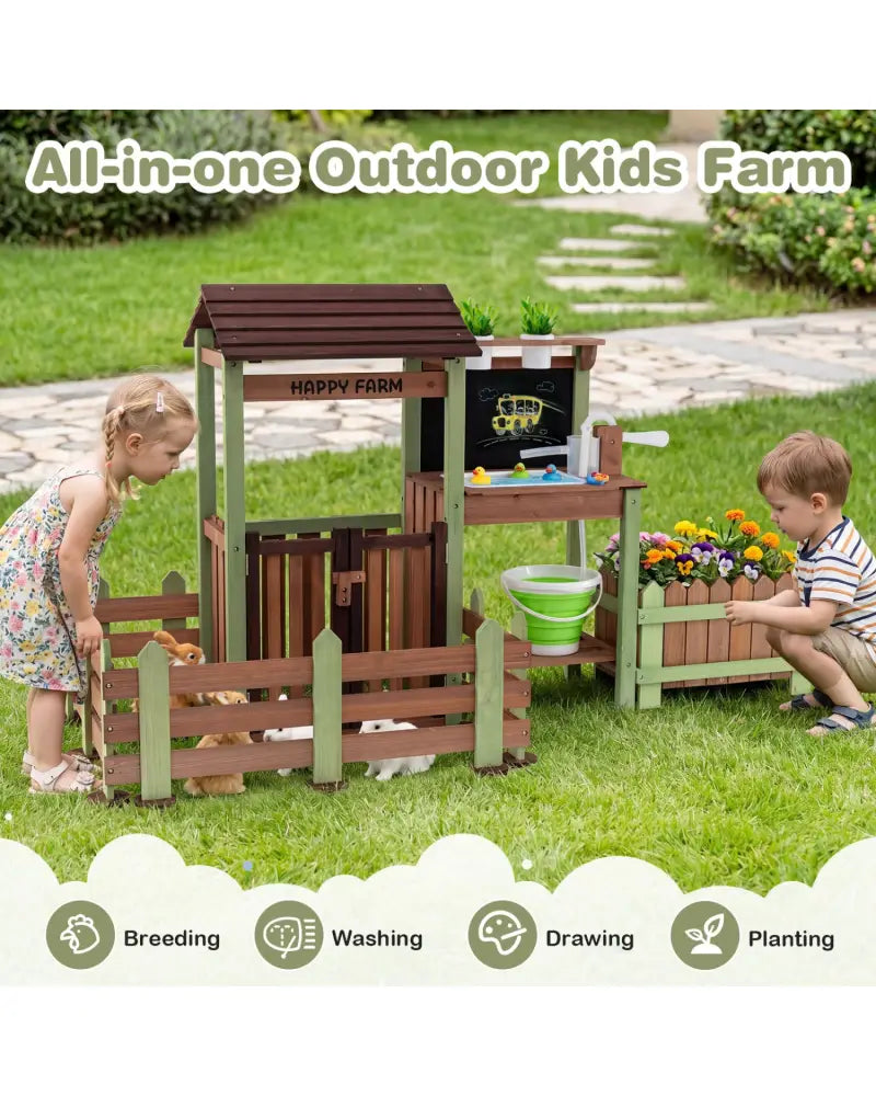 Fir Wood Mud Farm Playset with Planter Box Lockable Yard and Faucet for 3+ Kids - Play Kitchen Sets