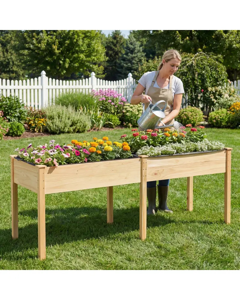 Fir Wood Outdoor Raised Garden Bed with Divider Panel and Drainage Holes-Natural - Natural - Raised Garden Beds