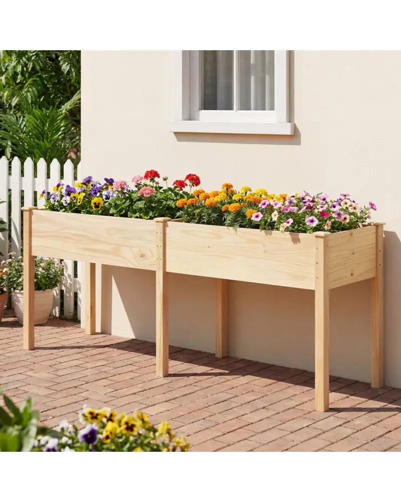 Fir Wood Outdoor Raised Garden Bed with Divider Panel and Drainage Holes-Natural - Natural - Raised Garden Beds