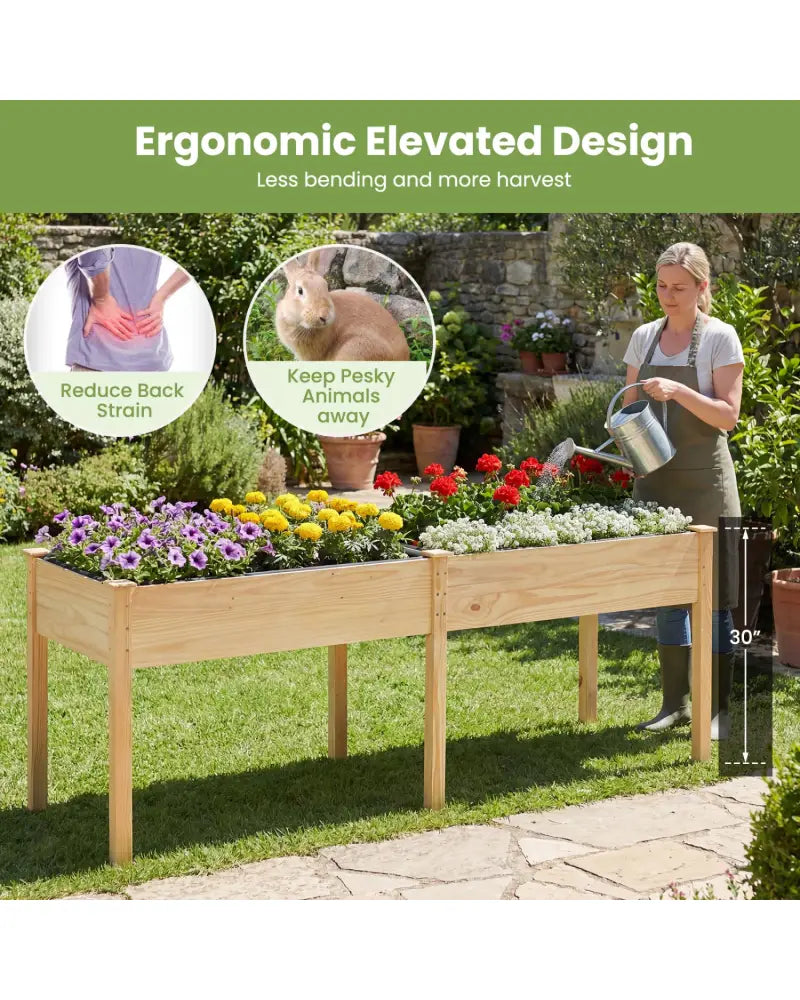 Fir Wood Outdoor Raised Garden Bed with Divider Panel and Drainage Holes-Natural - Natural - Raised Garden Beds