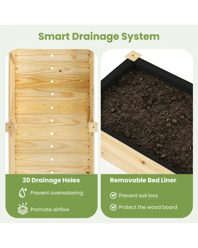 Fir Wood Outdoor Raised Garden Bed with Divider Panel and Drainage Holes-Natural - Natural - Raised Garden Beds
