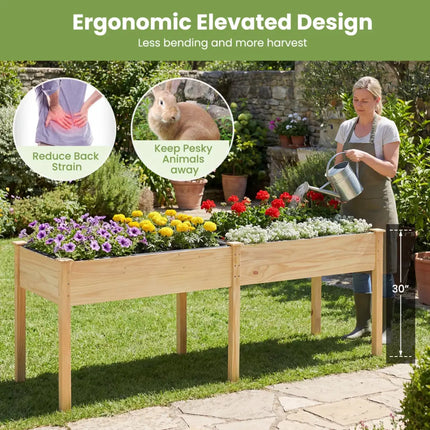 Fir Wood Outdoor Raised Garden Bed with Divider Panel and Drainage Holes-Natural - Natural - Raised Garden Beds